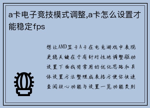 a卡电子竞技模式调整,a卡怎么设置才能稳定fps